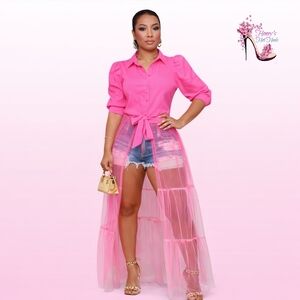 NWT Pink Button Up Blouse With Sheer Skirting